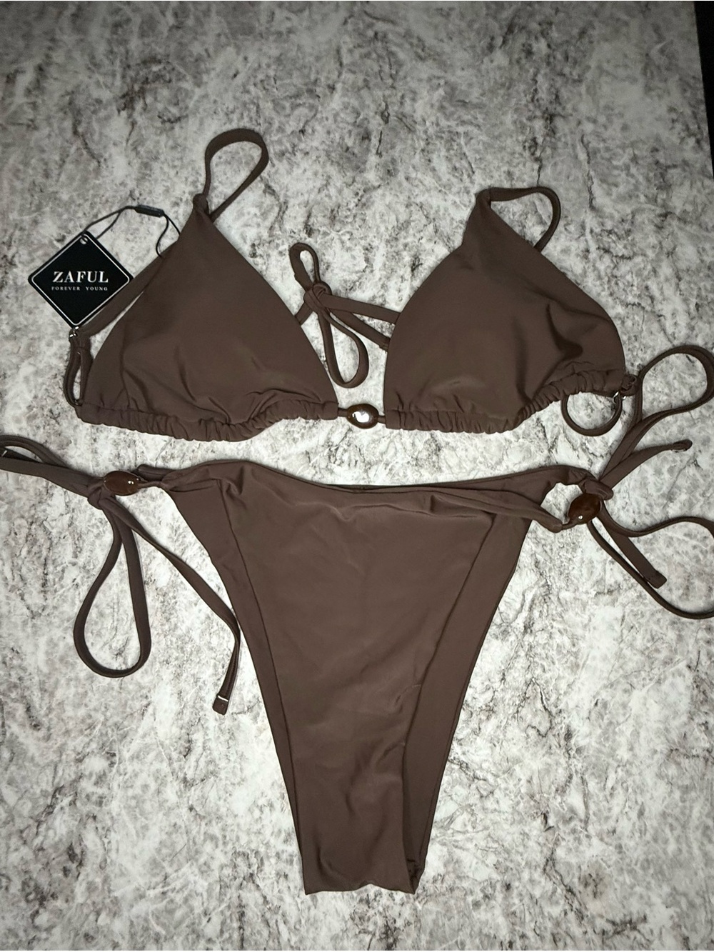 Zaful Brown Tie-Side Triangle Bikini